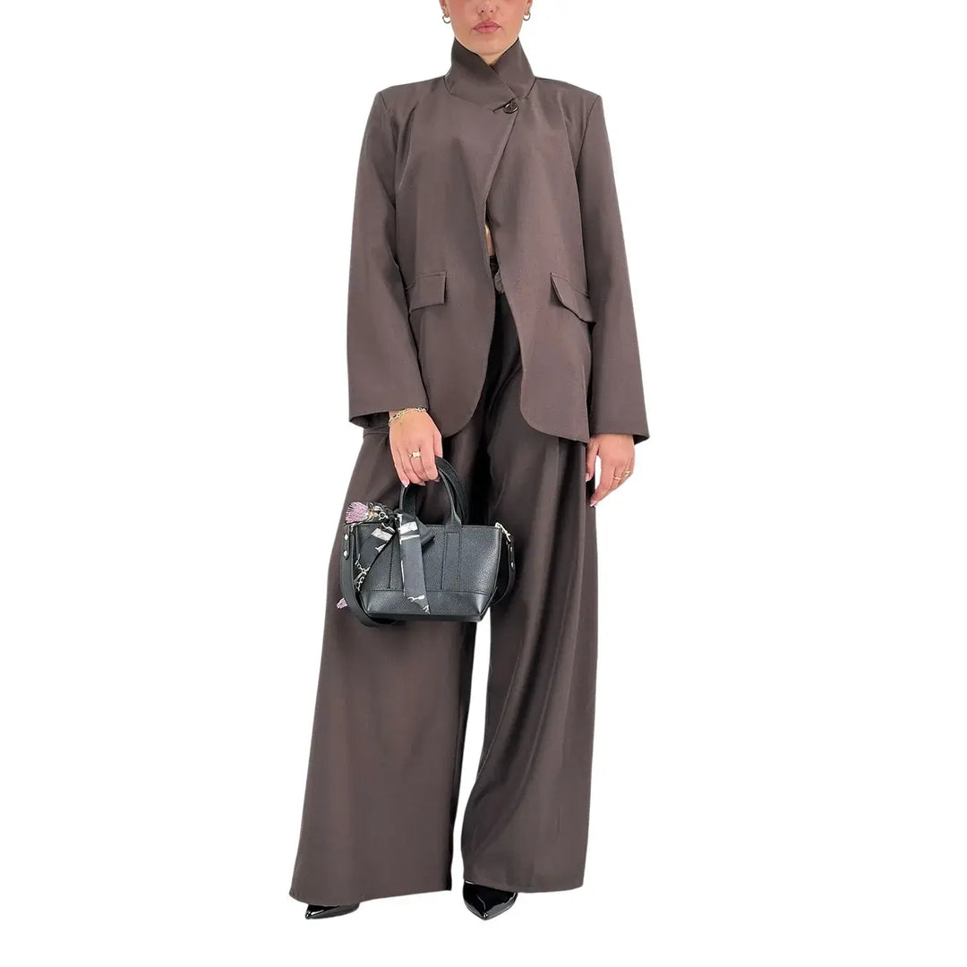 Bassini Pantaloni Donna Palazzo Cioccolato Oversize in Tessuto Morbido Effetto Raso con Cintura a Fiocco