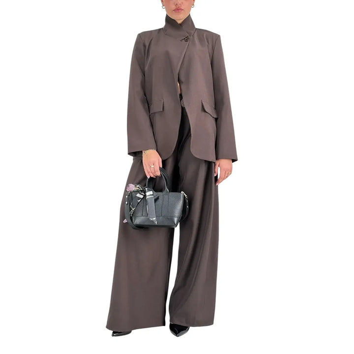 Bassini Pantaloni Donna Palazzo Cioccolato Oversize in Tessuto Morbido Effetto Raso con Cintura a Fiocco