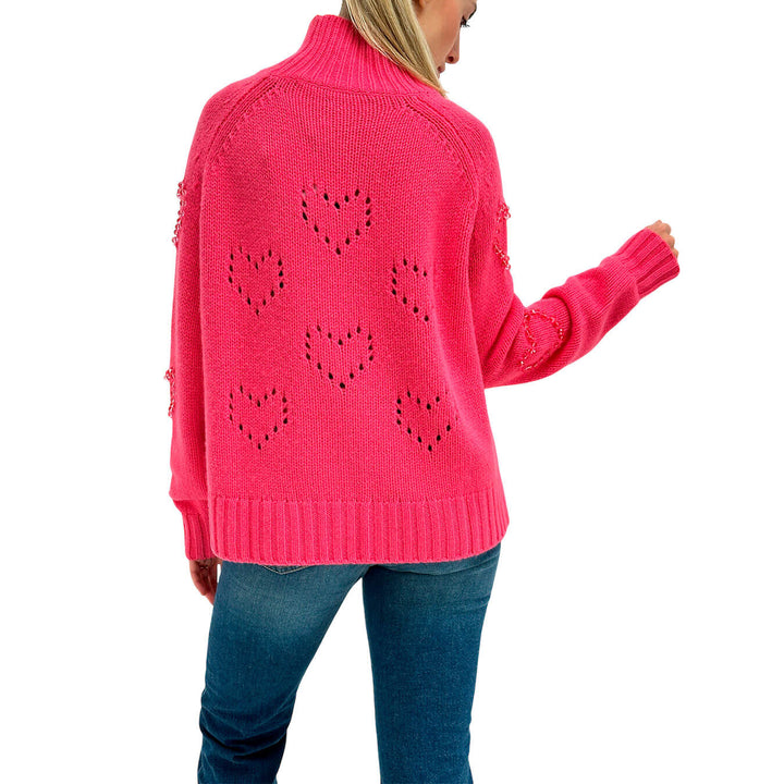 Mc2 Saint Barth Meghan Women's Sweater, Perforated Hearts, Wool, Fuchsia