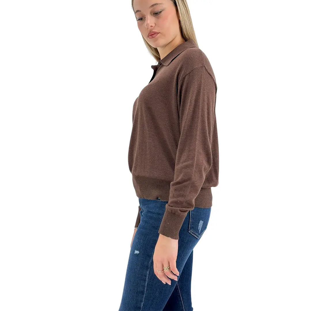 Bassini Maglia Donna Cioccolato Polo Crop Over a Tre Bottoni con Maniche Lunghe