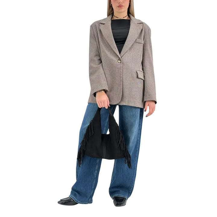 Bassini Giacca Donna Marrone Principe di Galles Monopetto Taglio Uomo Oversize con Tasche con Patta