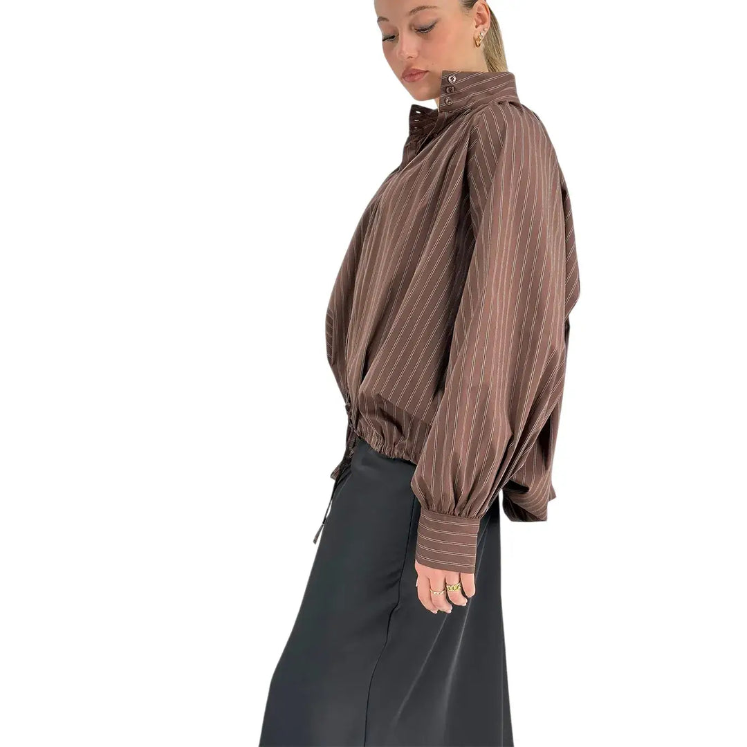 Bassini Camicia Donna Cioccolato a Righe Marrone Scuro Oversize con Coulisse e Collo alla Coreana