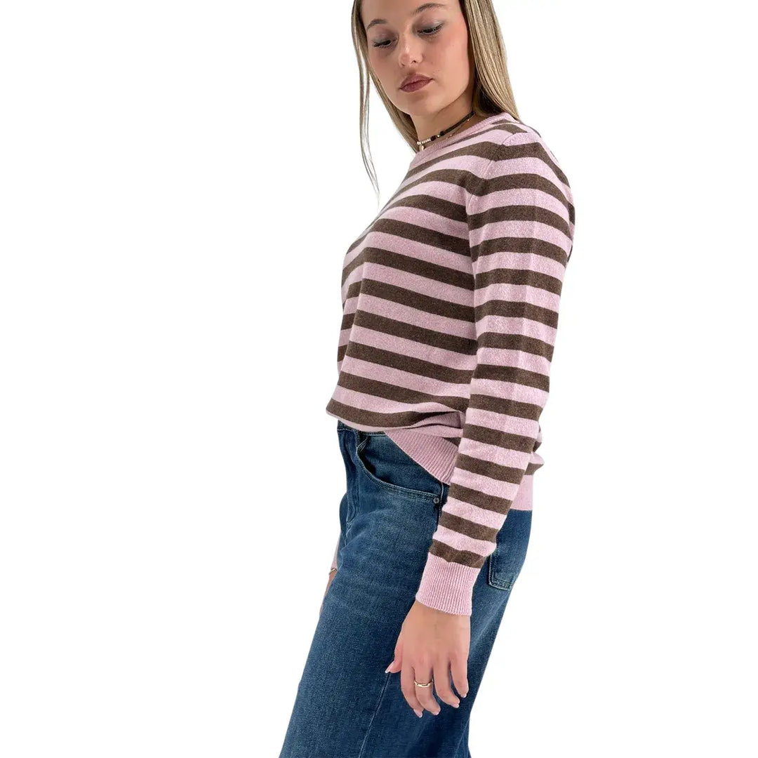 Bassini Maglia Donna Rosa a Righe Cioccolato Girocollo Oversize con Maniche Lunghe