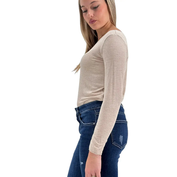 Bassini Maglia Cashmerina Donna Beige Ultralight con Scollo a Barca e Maniche Lunghe