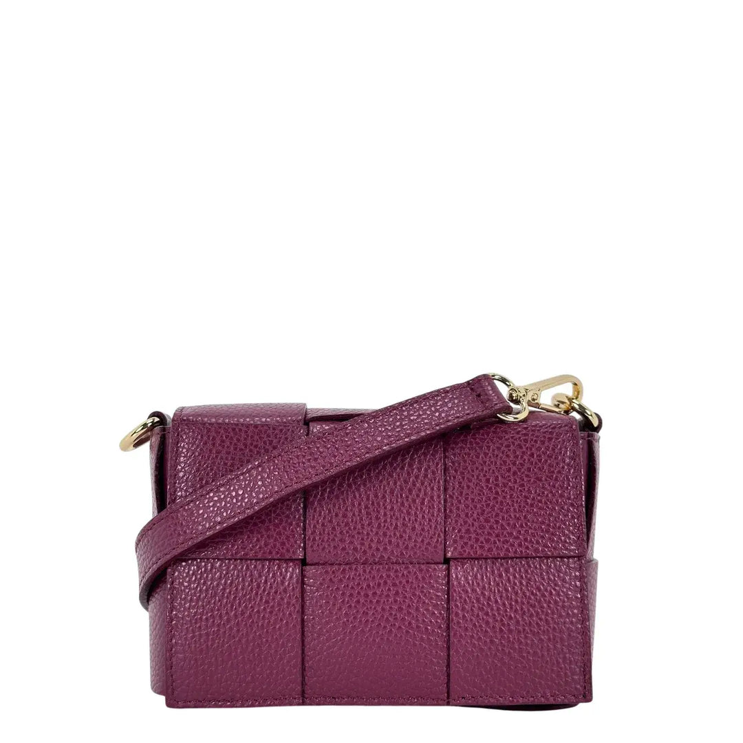 Bassini Borsa Donna Piccola in Pelle Burgundi Intrecciata con Tracolla Rimovibile e Patta Magnetica