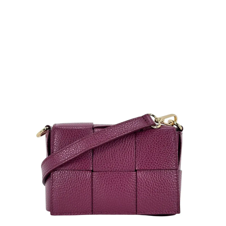 Bassini Borsa Donna Piccola in Pelle Burgundi Intrecciata con Tracolla Rimovibile e Patta Magnetica
