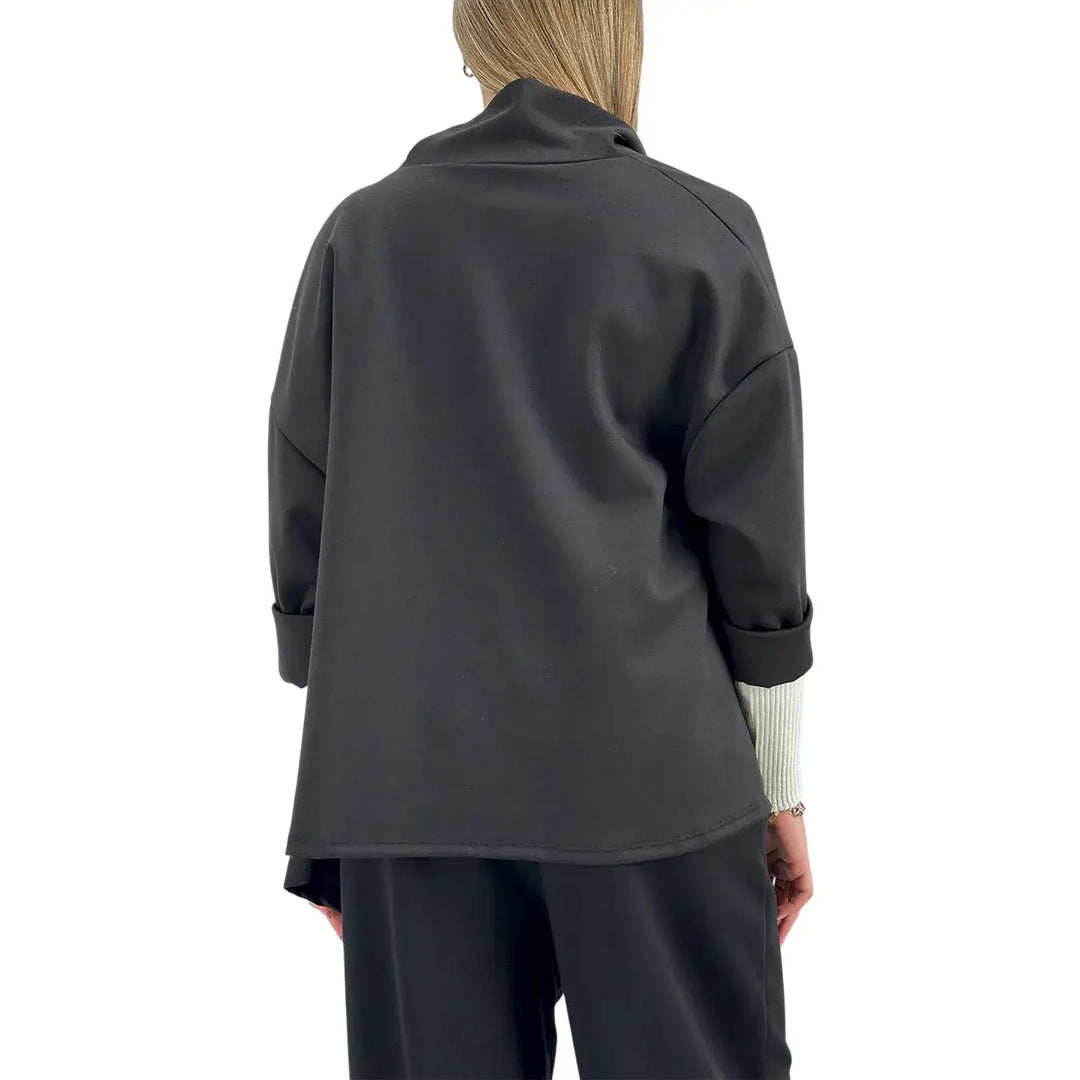 Bassini Giacca Donna Nera in Felpa Over Asimmetrica a Due Bottoni con Maniche Raglan