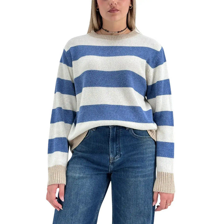 Bassini Maglia Donna Jeans e Avorio a Righe Girocollo con Coste Cammello e Vestibilità Regolare