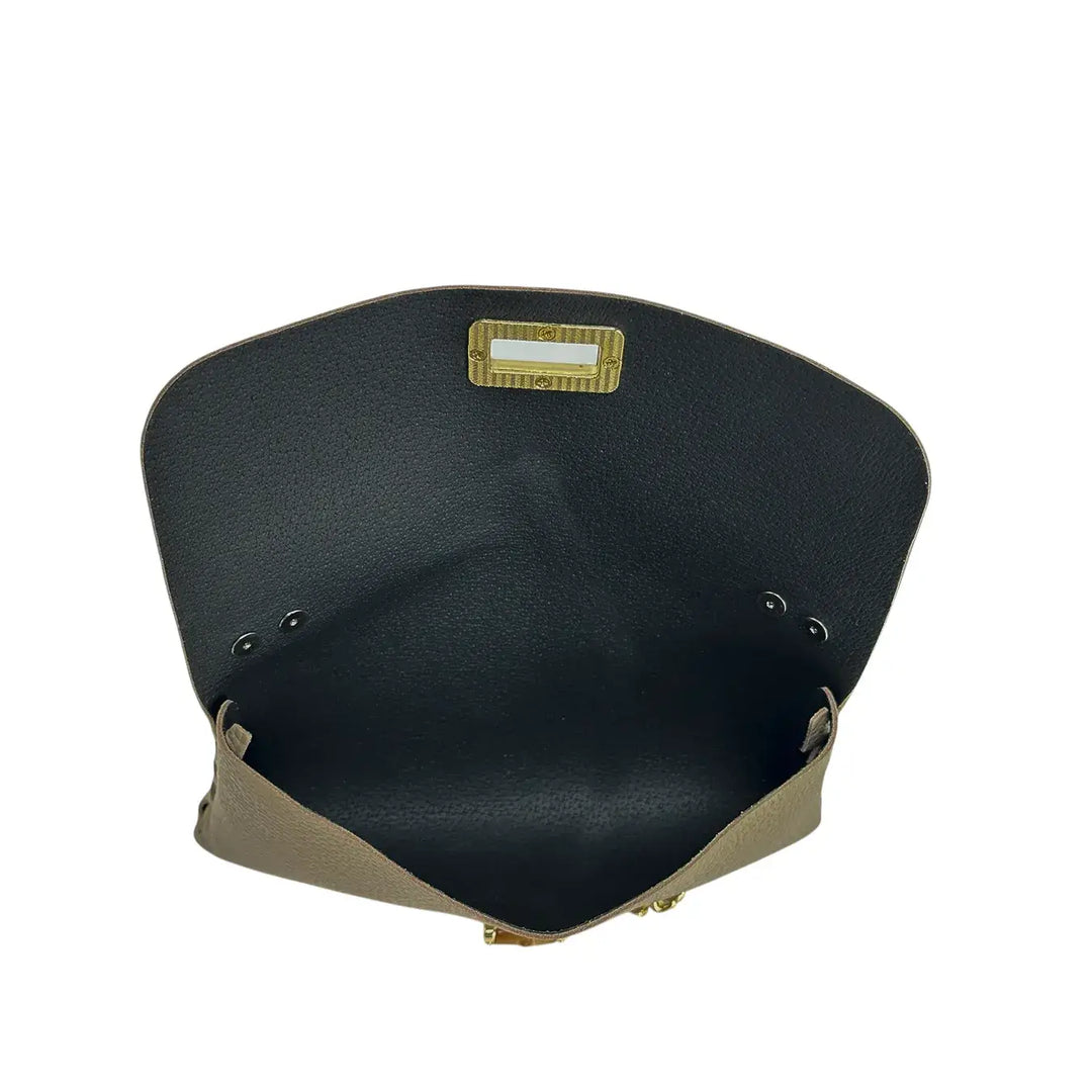 Bassini Borsa Donna Piccola in Pelle Taupe con Tracolla Oro e Chiusura Girello Bambù