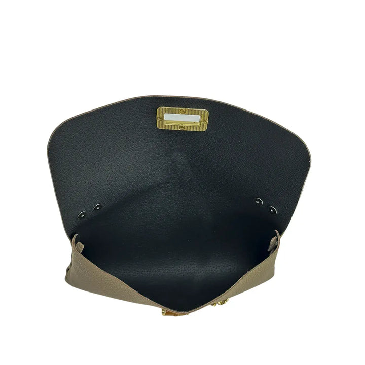Bassini Borsa Donna Piccola in Pelle Taupe con Tracolla Oro e Chiusura Girello Bambù