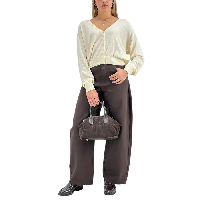 Bassini Cardigan Donna Avorio Crop Over con Bottoncini sul Collo e Maniche Lunghe