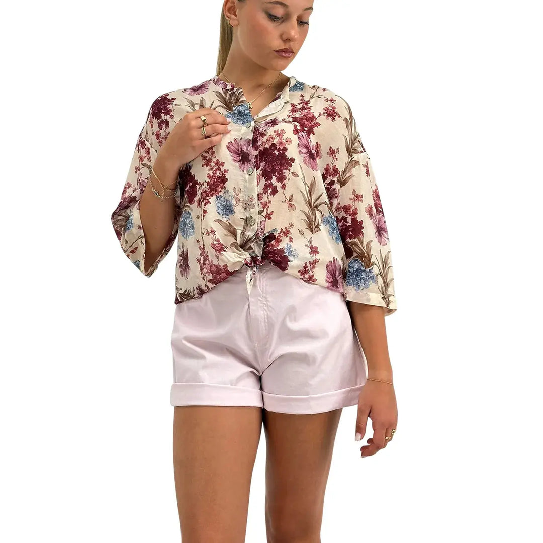 Bassini Camicia Donna Vinaccia a Fantasia Floreale Annodata con Collo Coreano e Maniche Tre Quarti