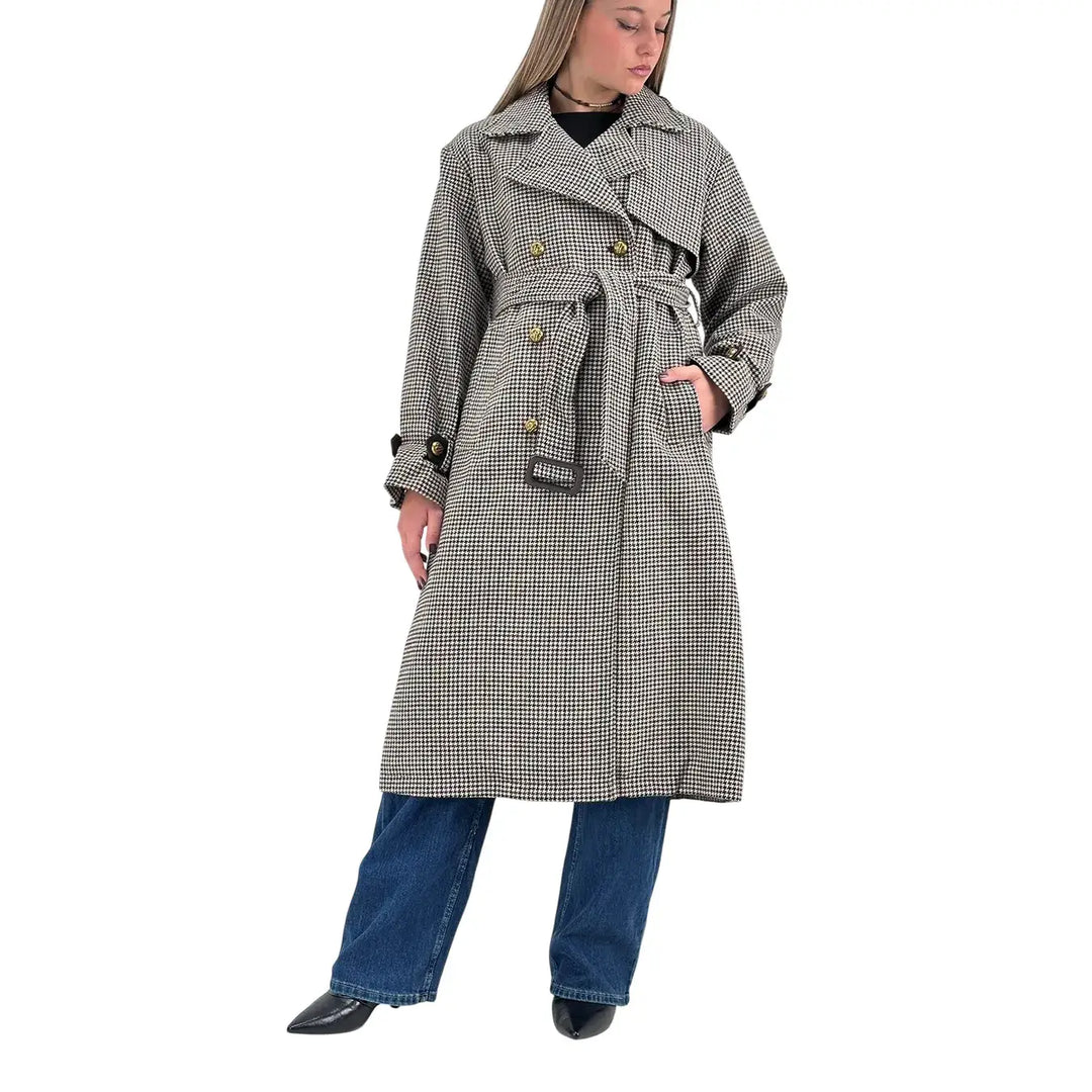 Bassini Cappotto Donna Marrone Lungo Trench Coat Pied de Poule e Principe di Galles Doppiopetto con Cintura