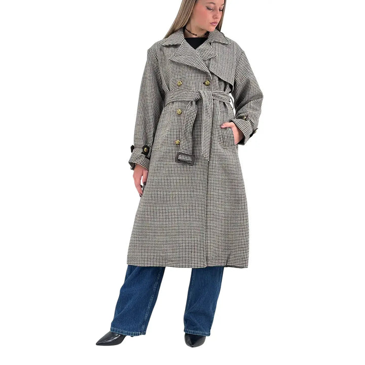 Bassini Cappotto Donna Marrone Lungo Trench Coat Pied de Poule e Principe di Galles Doppiopetto con Cintura