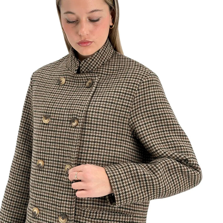 Bassini Caban Donna Beige e Marrone Pied de Poule con Collo alla Coreana