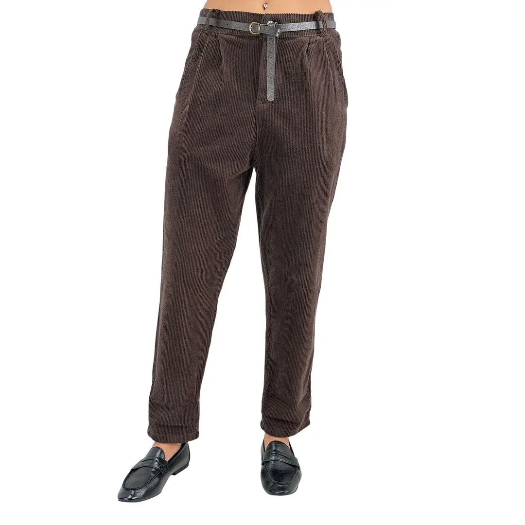 Bassini Pantaloni Donna Cioccolato in Velluto Balloon con Doppia Pince, Elastico in Vita e Cintura