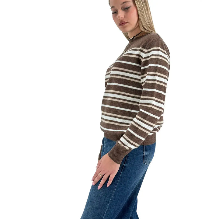 Bassini Maglia Donna Marrone a Righe Panna e Cammello Girocollo Oversize