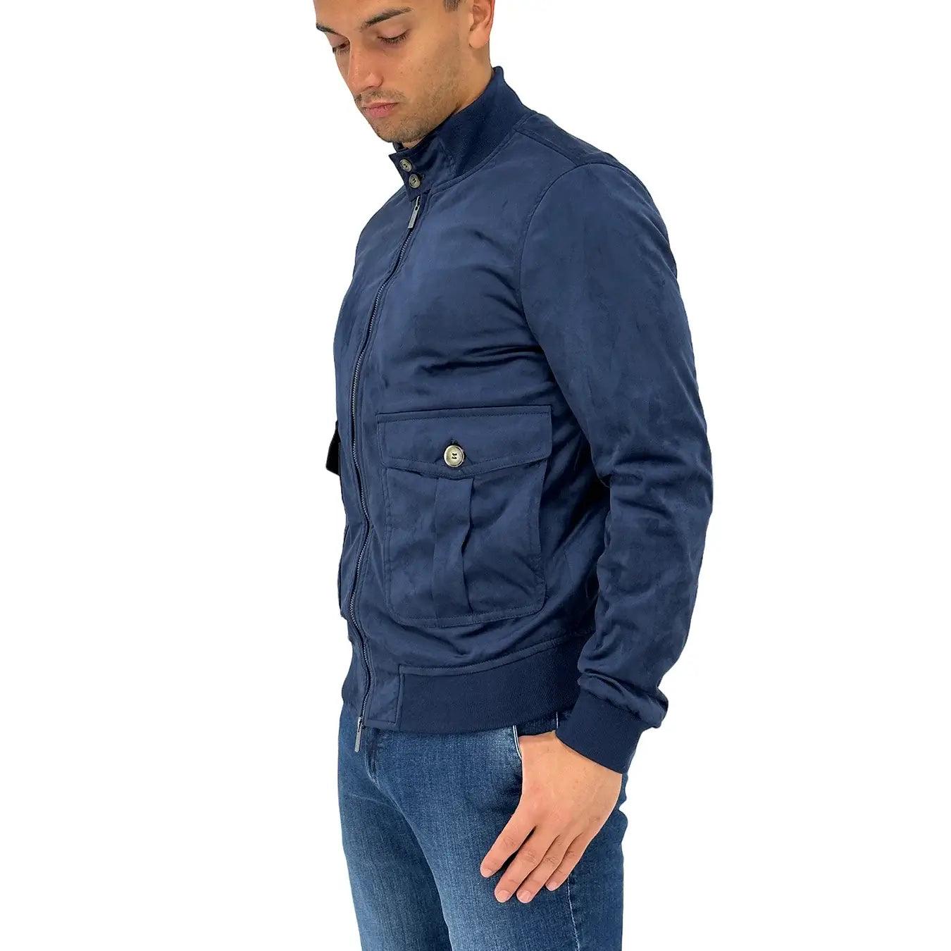 Markup Giubbotto Uomo, Jacket Biker, Camoscio Ecologico, Slim, Blu –