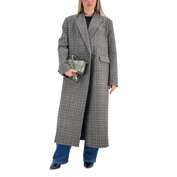 Bassini Cappotto Donna Lungo Marrone e Blu Principe di Galles Doppiopetto