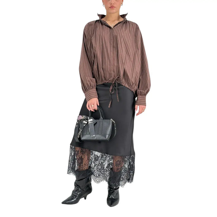 Bassini Camicia Donna Cioccolato a Righe Marrone Scuro Oversize con Coulisse e Collo alla Coreana