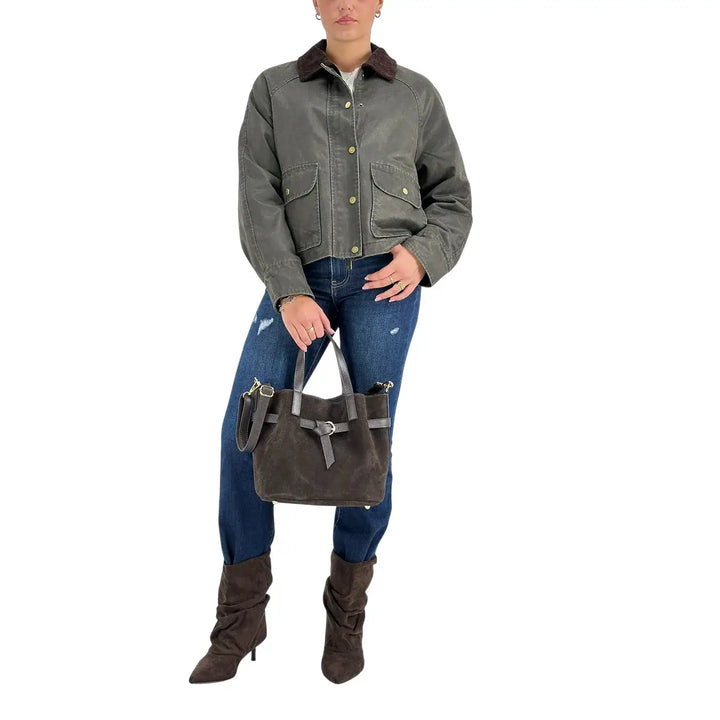 Bassini Giacca Donna Verde Effetto Cerato Crop con Collo in Velluto Moro