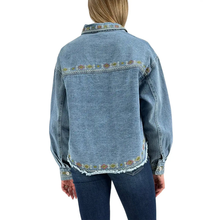 Bassini Giubbotto Donna Blu Chiaro in Denim Cropped con Ricami Etnici e Fondo Sfrangiato