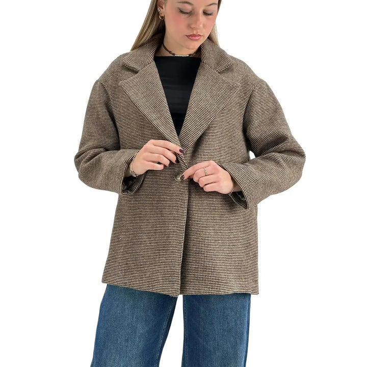 Bassini Cappottino Donna Corto Beige e Marrone Micro Pied de Poule Oversize con Un Bottone