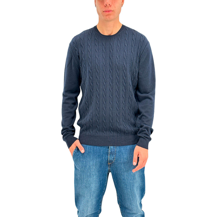 MarKup Men's Sweater, Crew Neck, Braid Pattern, Mixed Fabric, Blue