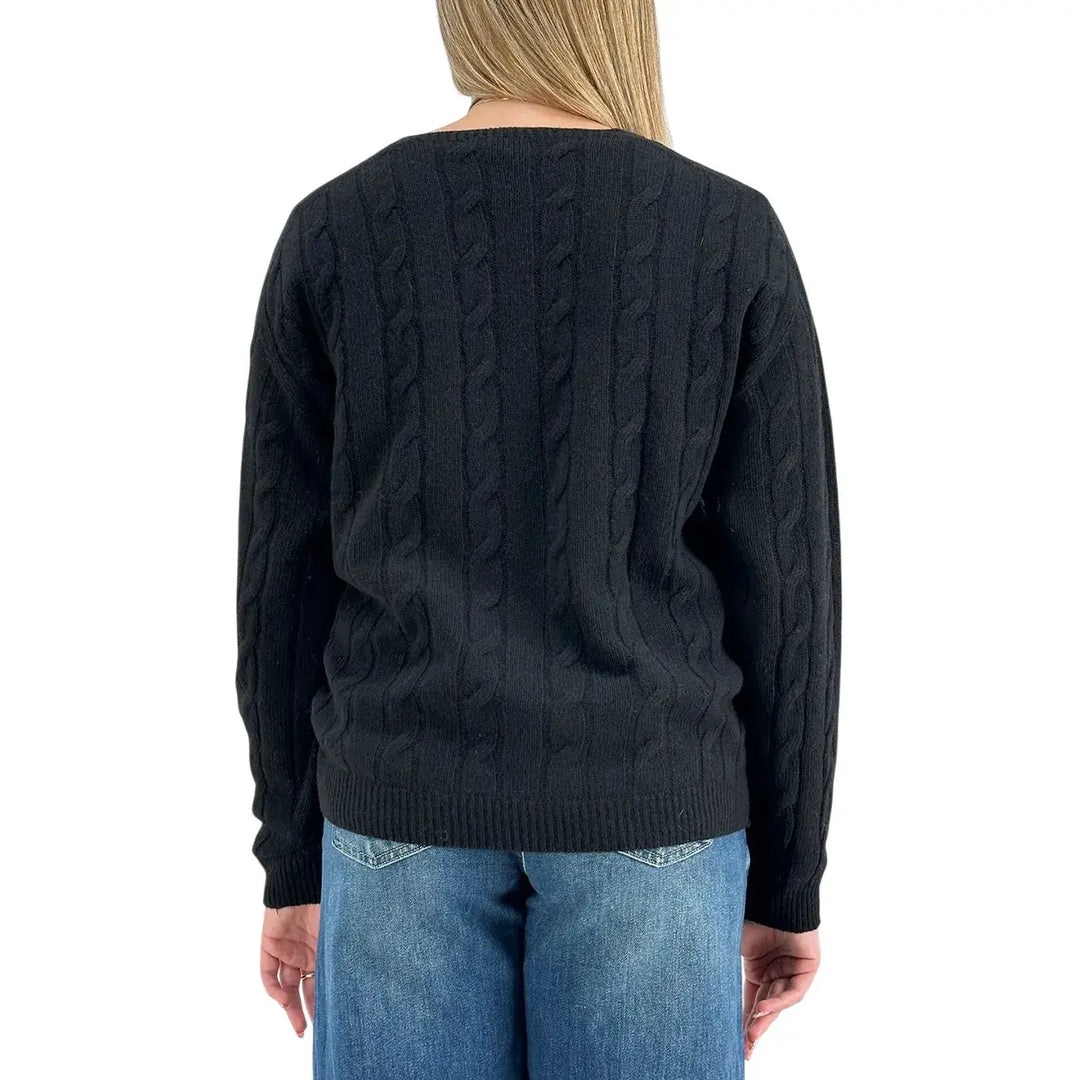 Bassini Maglia Donna Nera a Treccia con Scollo a V e Maniche Raglan Oversize