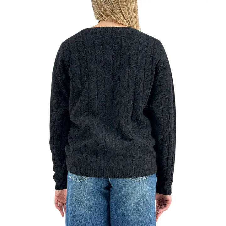 Bassini Maglia Donna Nera a Treccia con Scollo a V e Maniche Raglan Oversize