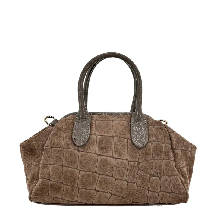 Bassini Borsa Donna Bauletto in Pelle Scamosciata Stampa Cocco Taupe con Tracolla Rimovibile