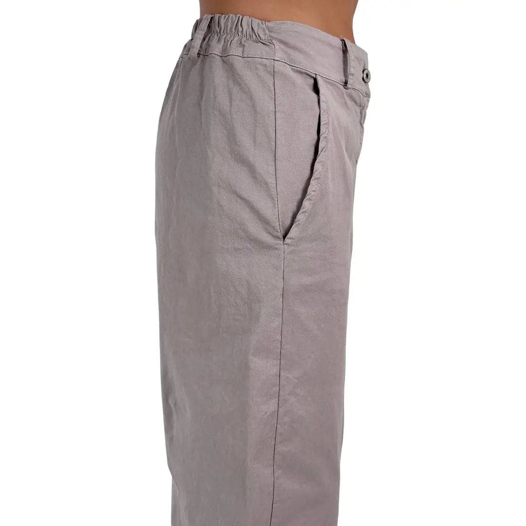 Bassini Pantaloni Donna Kaki Modello Banana Oversize in Cotone Elasticizzato con Tasche Laterali