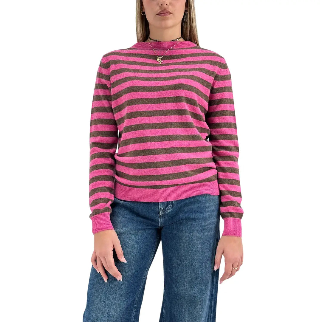 Bassini Maglia Donna Fucsia a Righe Cioccolato Girocollo Oversize con Maniche Lunghe