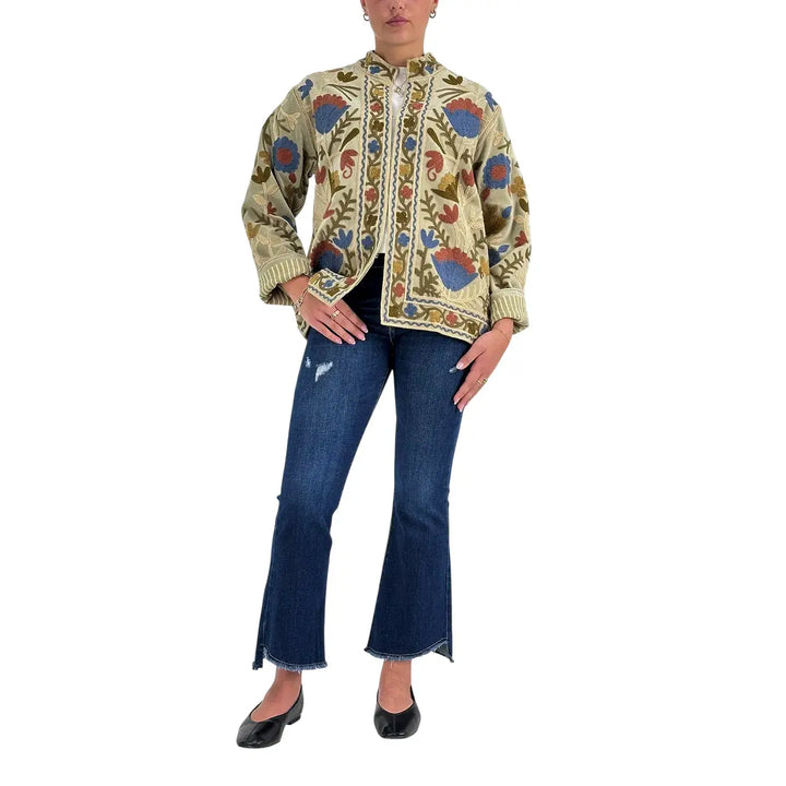 Bassini Giacca Donna Modello Suzani Verde in Velluto con Ricami Floreali Blu