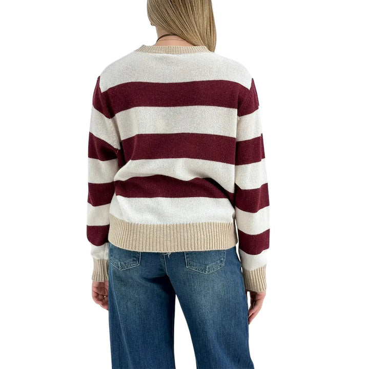 Bassini Maglia Donna Borgogna a Righe Cipria Girocollo con Coste Cammello e Vestibilità Regolare