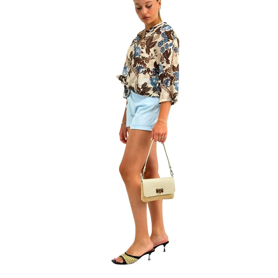 Bassini Camicia Donna Marrone con Fantasia Floreale Annodata, Collo Coreano e Maniche Tre Quarti