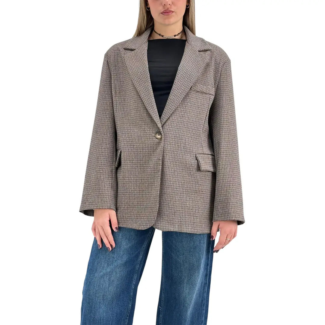 Bassini Giacca Donna Marrone Principe di Galles Monopetto Taglio Uomo Oversize con Tasche con Patta