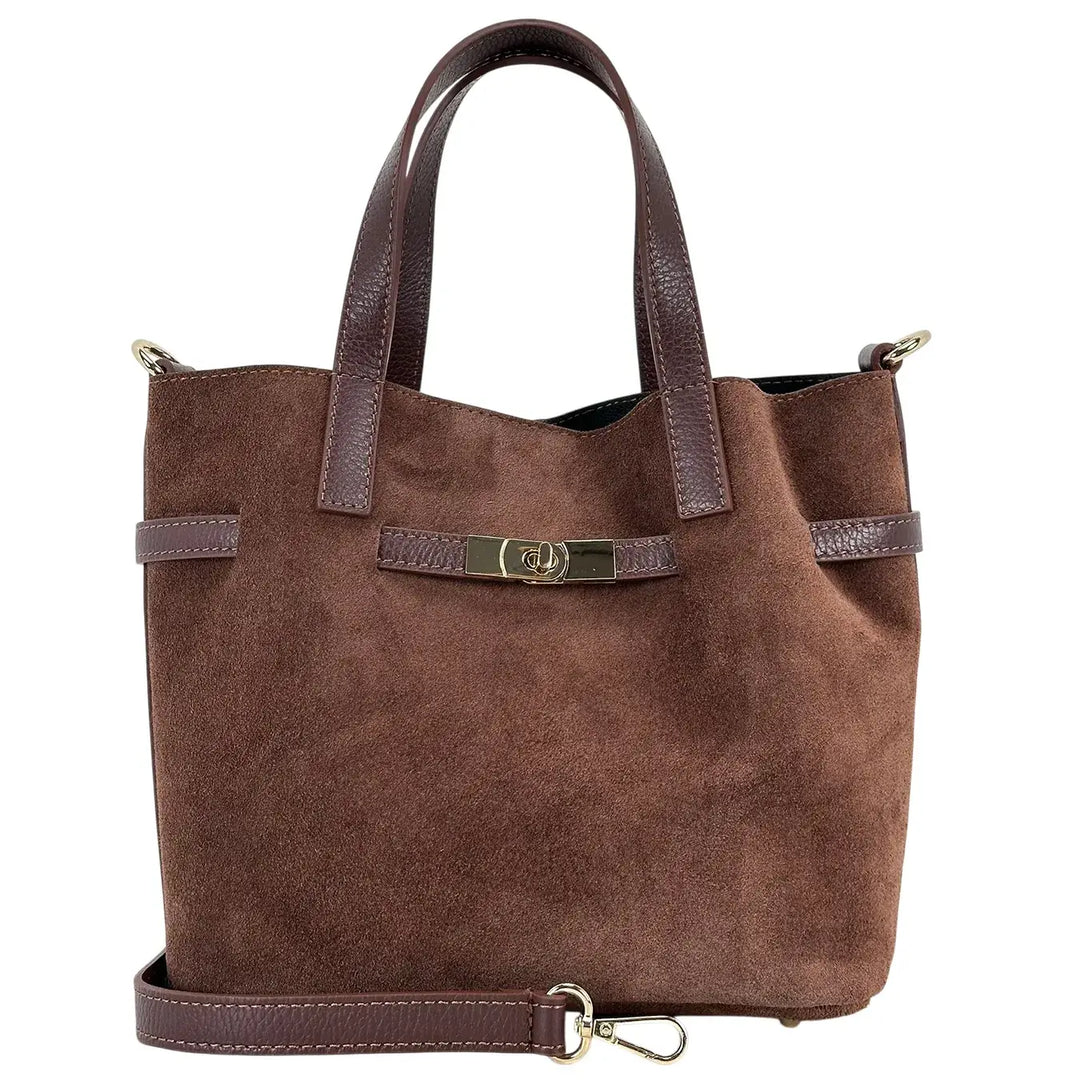Bassini Borsa Donna Secchiello in Pelle Scamosciata Castagna con Doppi Manici e Tracolla Rimovibile