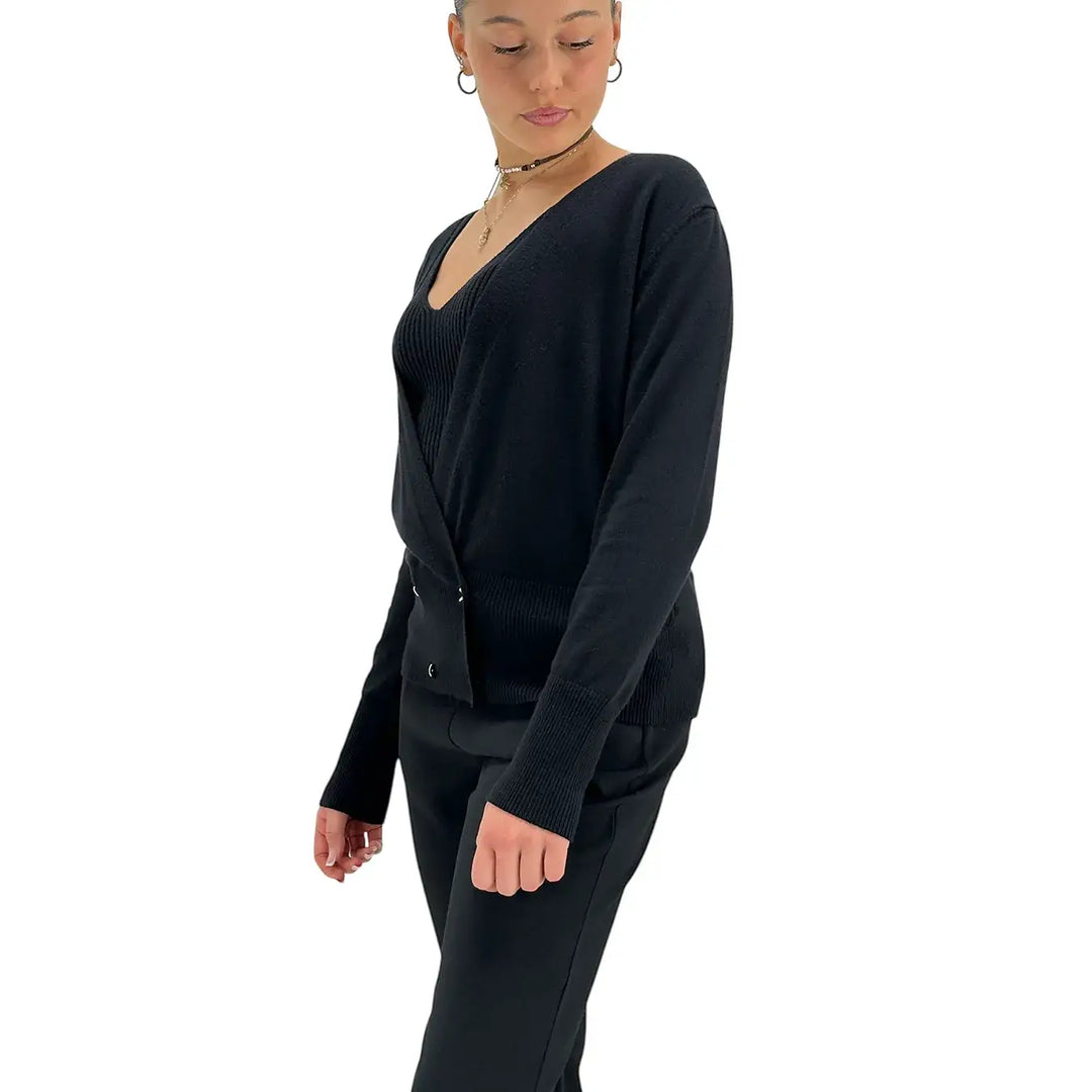 Koralline, Cardigan Doppio Petto, Donna,  Tessuto Misto, Nero