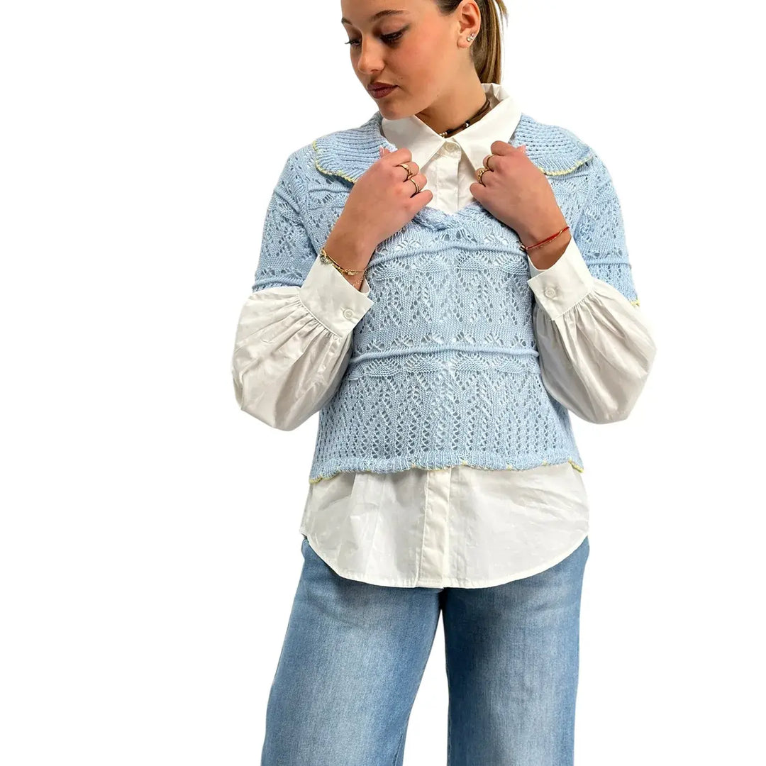 Bassini, Maglia Crochet, Donna, Cotone, Azzurro