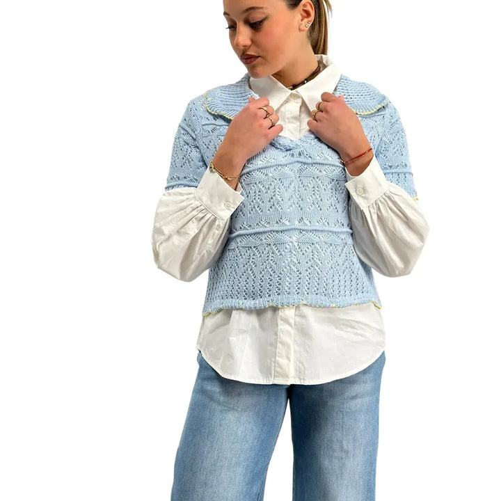 Bassini, Maglia Crochet, Donna, Cotone, Azzurro