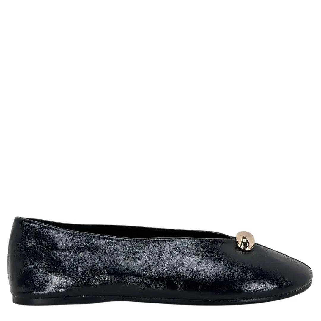 Bassini Ballerine Donna Nere in Ecopelle Effetto Used con Punta Tonda e Accessorio Oro