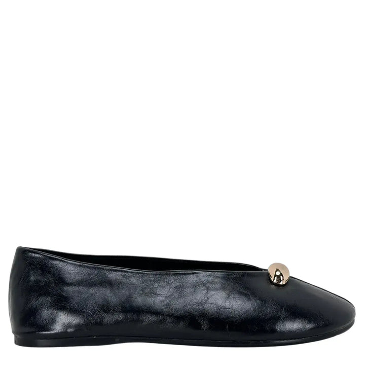 Bassini Ballerine Donna Nere in Ecopelle Effetto Used con Punta Tonda e Accessorio Oro