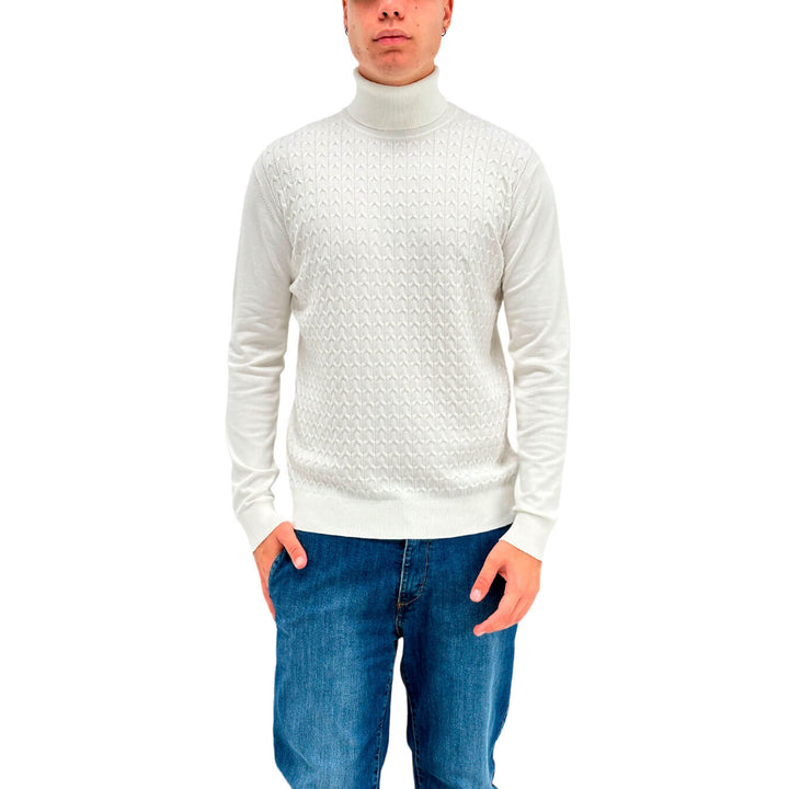 MarKup Men's Sweater, High Neck, Braid Pattern, Mixed Fabric, White