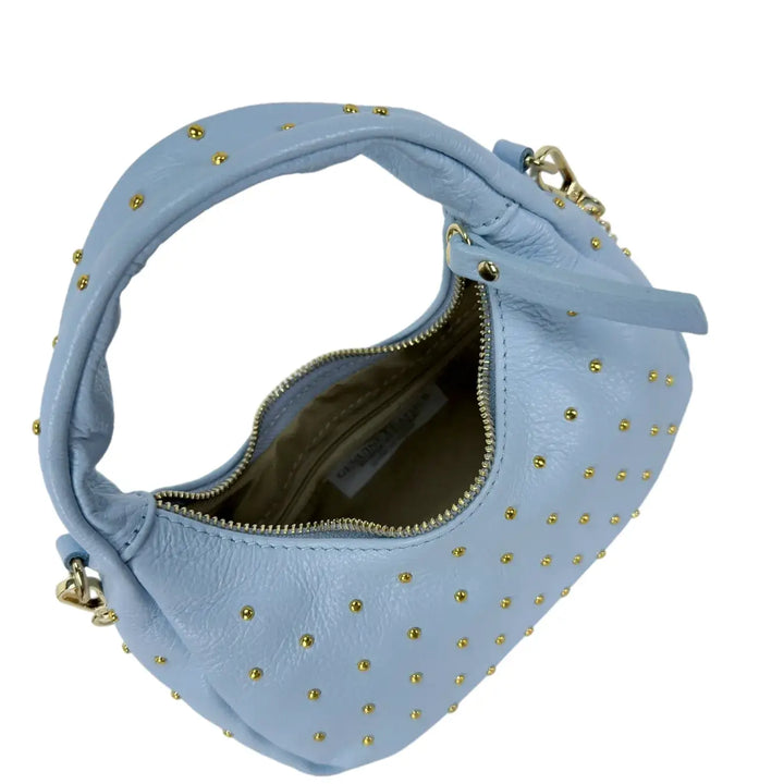 Bassini Borsa Donna Mini Sacca in Pelle Celeste con Borchie Oro e Tracolla Catena Rimovibile