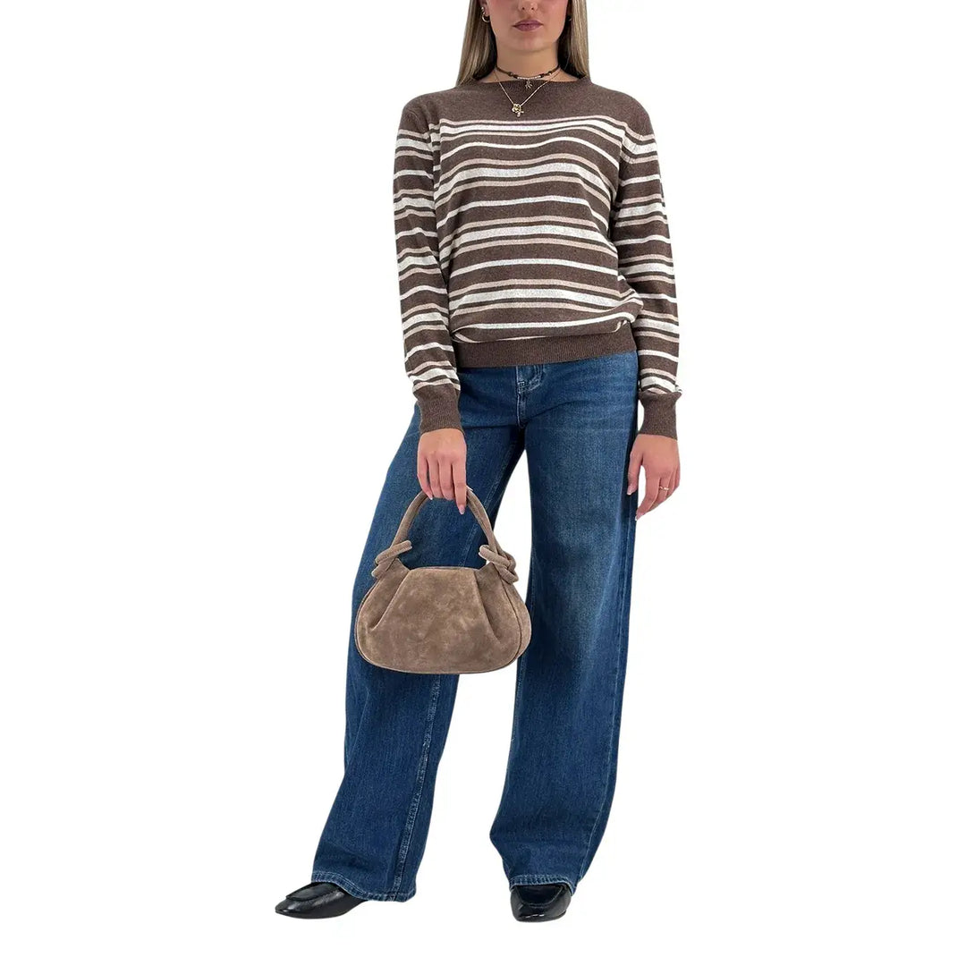 Bassini Maglia Donna Marrone a Righe Panna e Cammello Girocollo Oversize