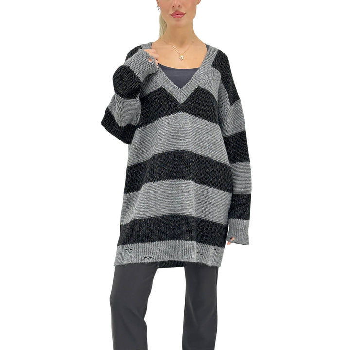 Relish, Maglia, Donna, Artemis, Maxi Righe, Viscosa, Nero Grigio