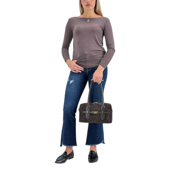 Bassini Maglia Cashmerina Donna Cioccolato Ultralight con Scollo a Barca e Maniche Lunghe