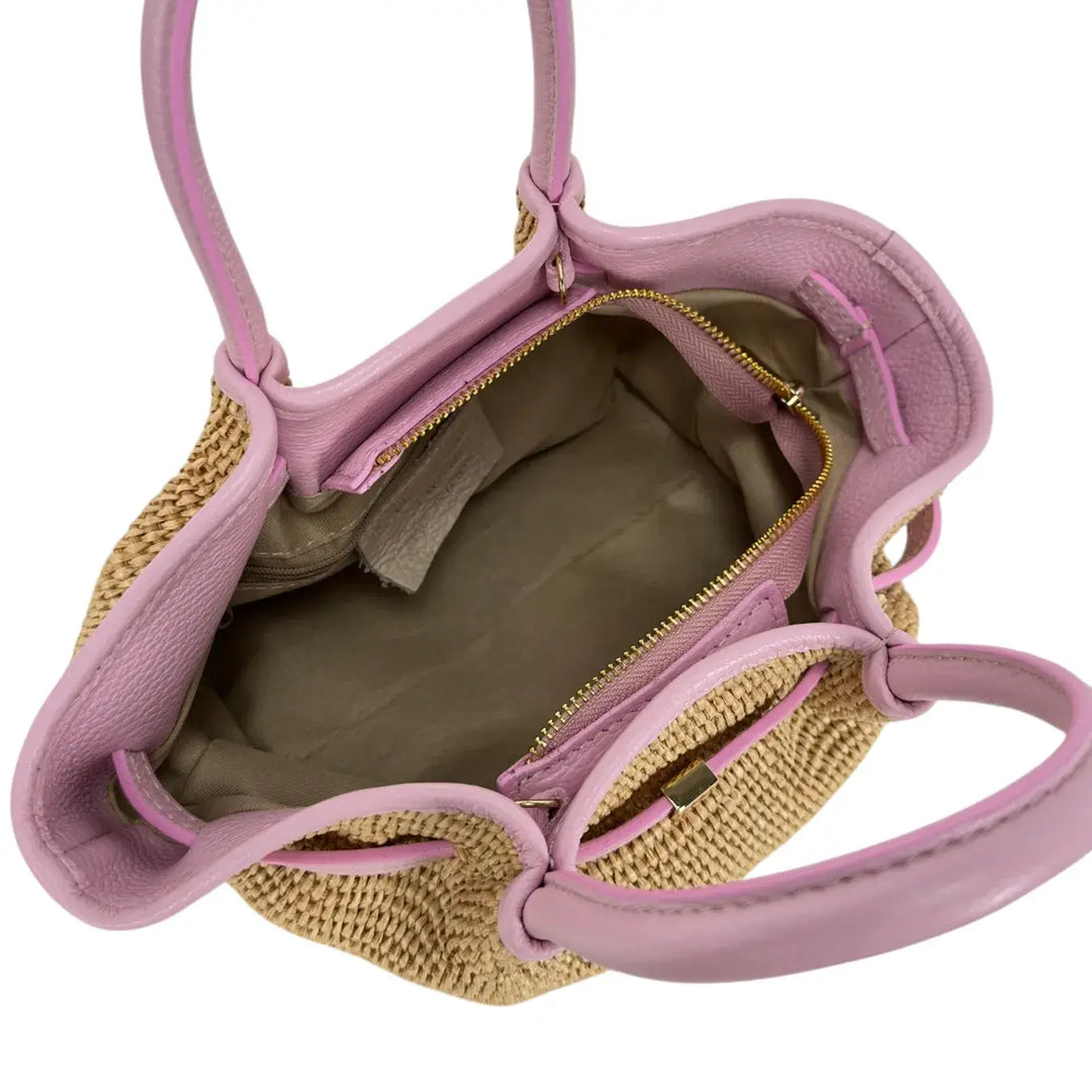 Bassini Borsa Donna in Raffia e Pelle Rosa con Due Manici e Tracolla Rimovibile