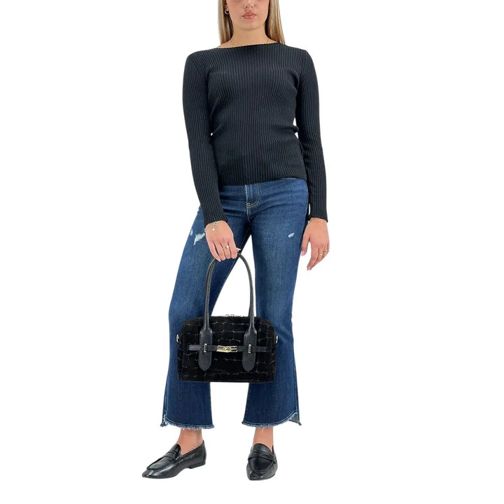 Bassini Maglia Donna Nera a Coste con Girocollo e Maniche Lunghe
